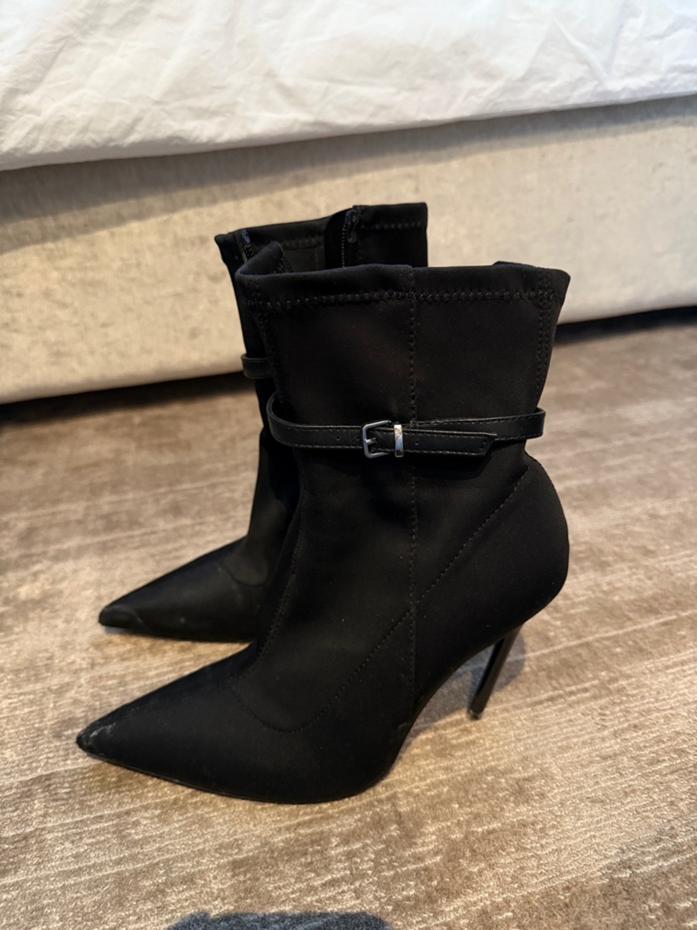 Zara Black Pointed Toe Stiletto Ankle Boots with Buckle Strap